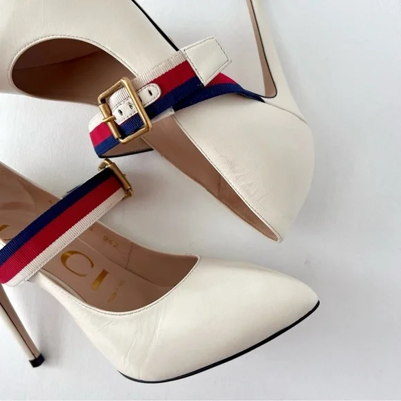 GUCCI | Sylvie Web Stripe Buckle White Leather Pumps EU 36 - Picture 11 of 16
